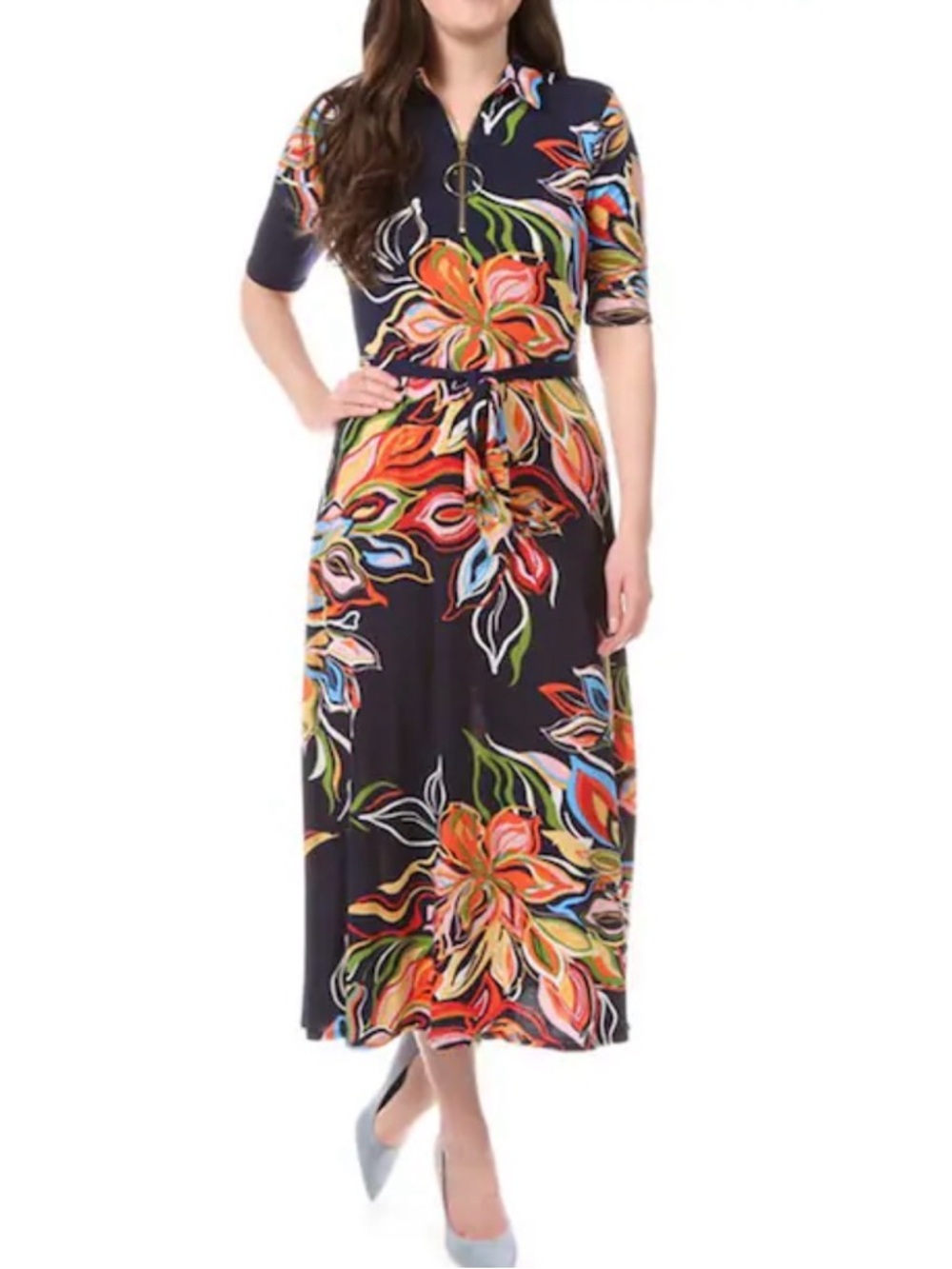 MSK Artsy Floral Tie Waist Dress - Navy / Multicolor